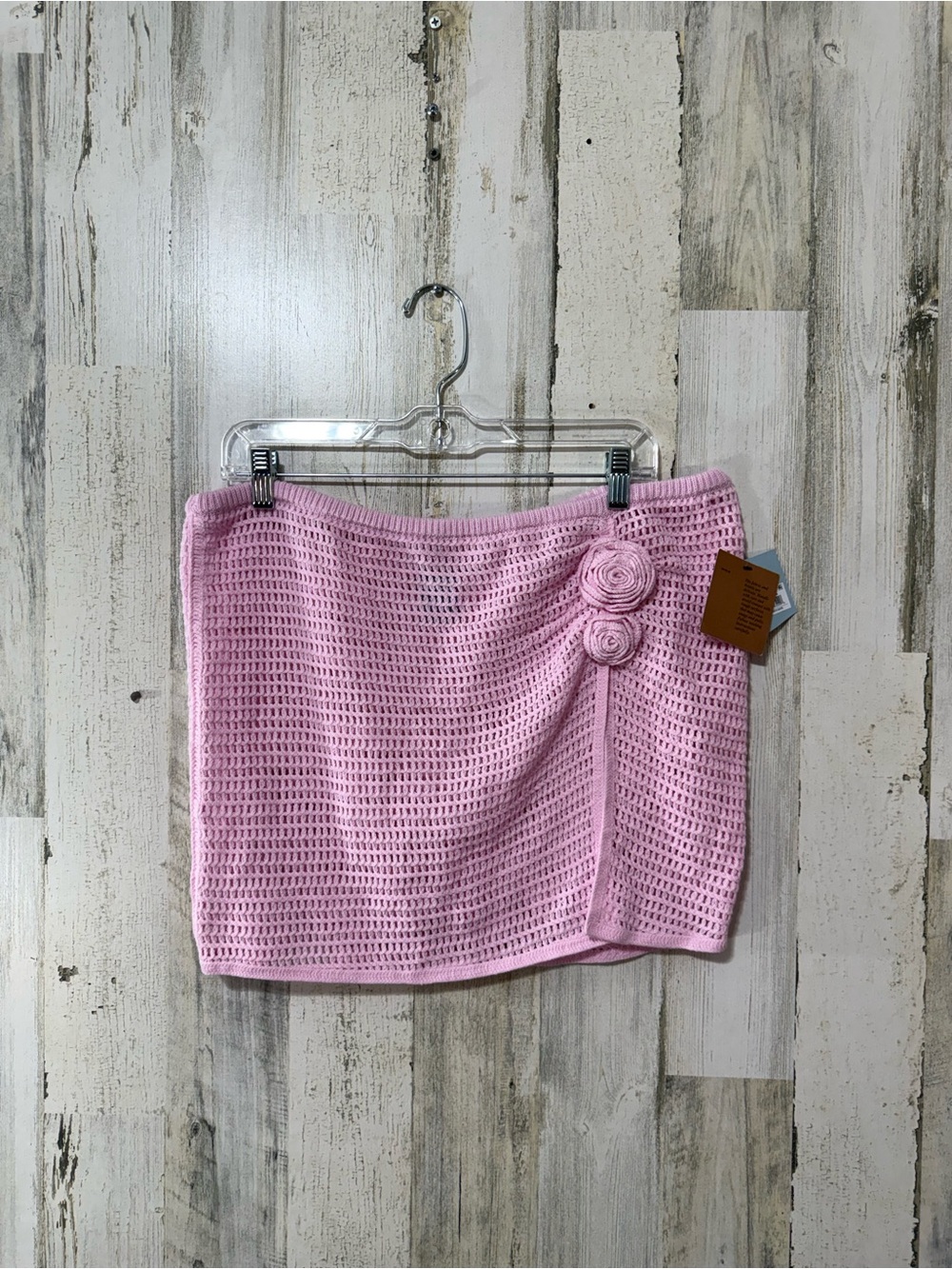 Shade & Shore Pink Crochet Cover Up Mini Skirt with Rosette Accents